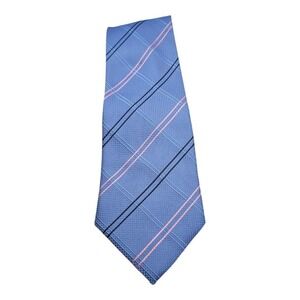 ERMENEGILDO ZEGNA‎ Light Blue, Navy And Pink Plaid Striped Italian Silk Necktie